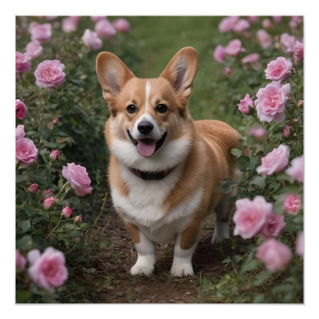 "Charming Companion: A Corgi in a Pink Rose Garden Poster (Front)