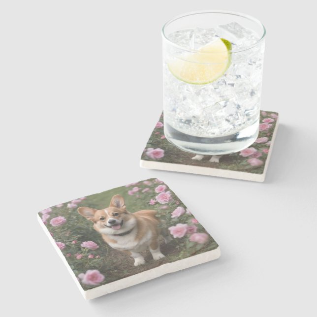 "Charming Companion: A Corgi in a Pink Rose Garden Stone Coaster (Side)