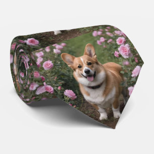 "Charming Companion: A Corgi in a Pink Rose Garden Tie