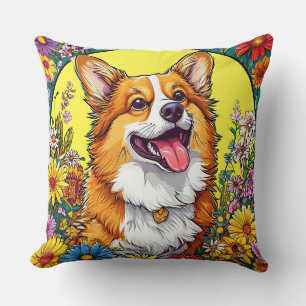 Charming Corgi Surrounded by Colourful Flowers Cushion