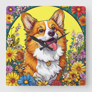 Charming Corgi Surrounded by Colourful Flowers Square Wall Clock