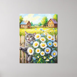 Charming Cottage Scene with Cat and Daisy Bouquet Canvas Print