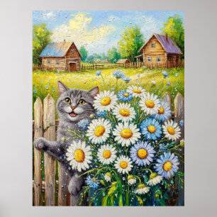 Charming Cottage Scene with Cat and Daisy Bouquet Poster