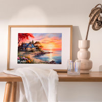 Charming Cottage Seascape Tranquil Sunset