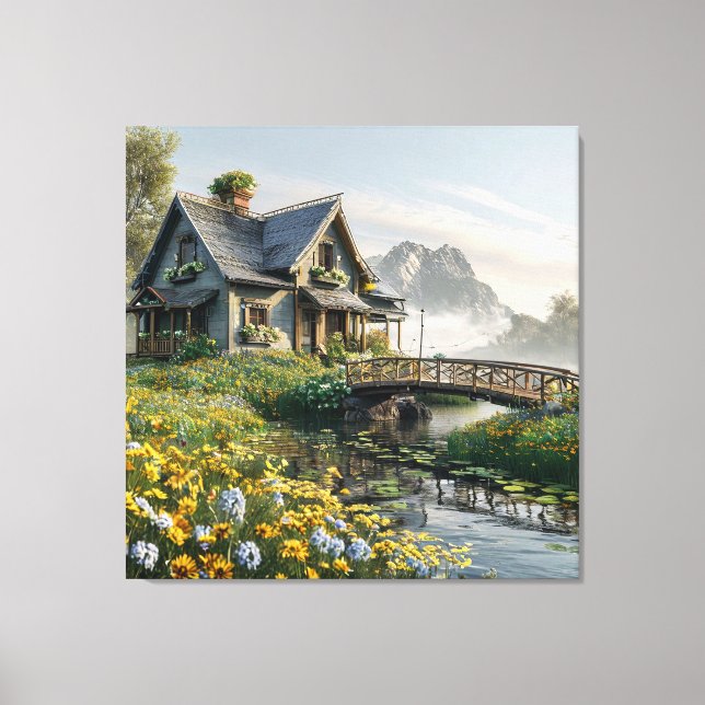 Charming Cottage Surrounded by Colourful Wildflowe Canvas Print (Front)