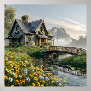 Charming Cottage Surrounded by Colourful Wildflowe Poster