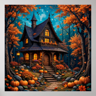 Charming Cottage with Pumpkins in an Autumn Forest Poster