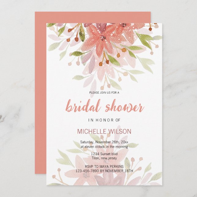 Charming Country Terracotta Blush Floral Art Invitation (Front/Back)