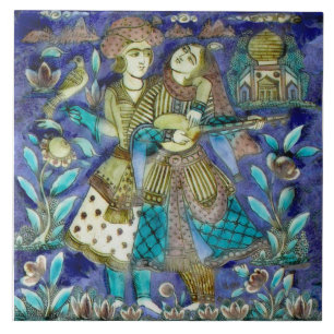 Charming Couple w/Bird, Lute Persian 1800s Repro Tile
