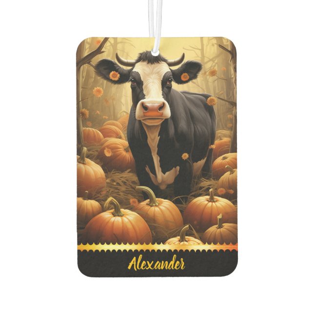 Charming cow among pumpkins on a golden autumn day car air freshener (Back)