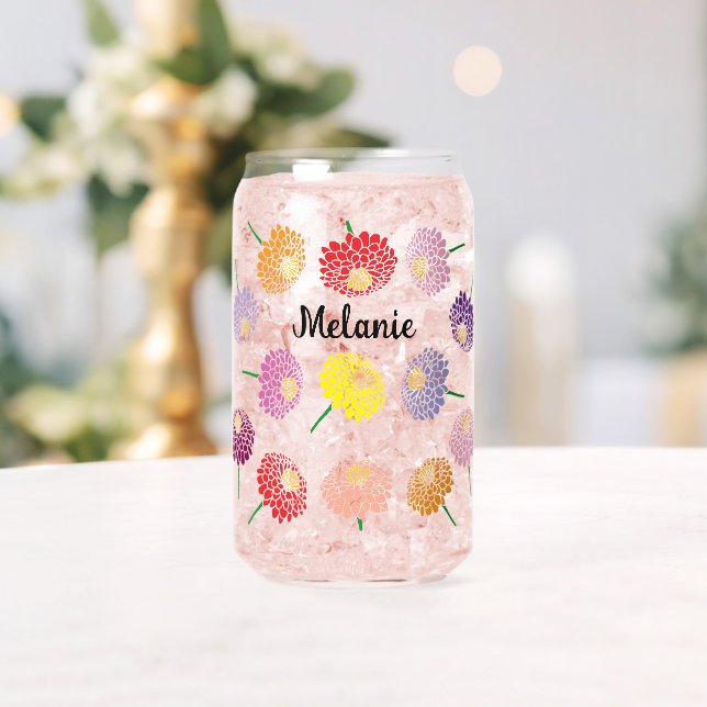 Charming custom can glass with Zinnia flower print (Insitu (Wedding))