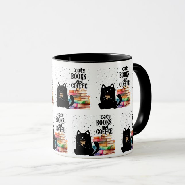 Charming Cute Black Cat Reading Books Mug (Front Right)