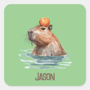 Charming Cute Capybara with Orange and Kids Name Square Sticker