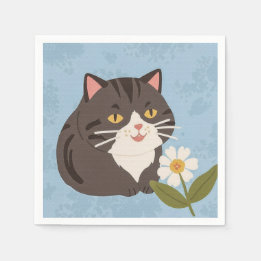 Charming Cute Gray Cat with a Chamomile FLower Napkin