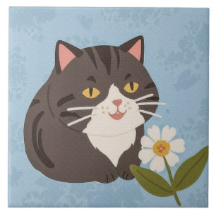 Charming Cute Gray Cat with a Chamomile FLower Tile