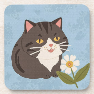 Charming Cute Grey Cat with a Chamomile FLower Coaster