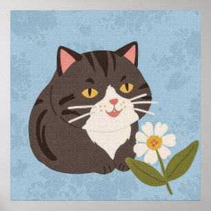 Charming Cute Grey Cat with a Chamomile FLower Poster