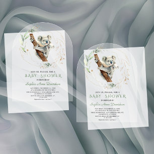 Charming Cute Koala Greenery Gold Baby Shower Acrylic Invitations
