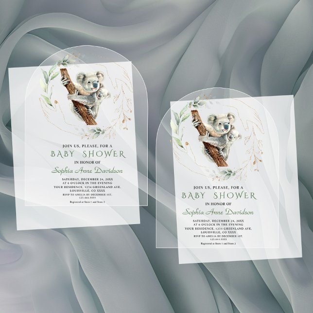 Charming Cute Koala Greenery Gold Baby Shower Acrylic Invitations (Creator Uploaded)