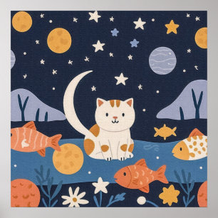 Charming Cute Little Kitten Among Stars and Fish Poster