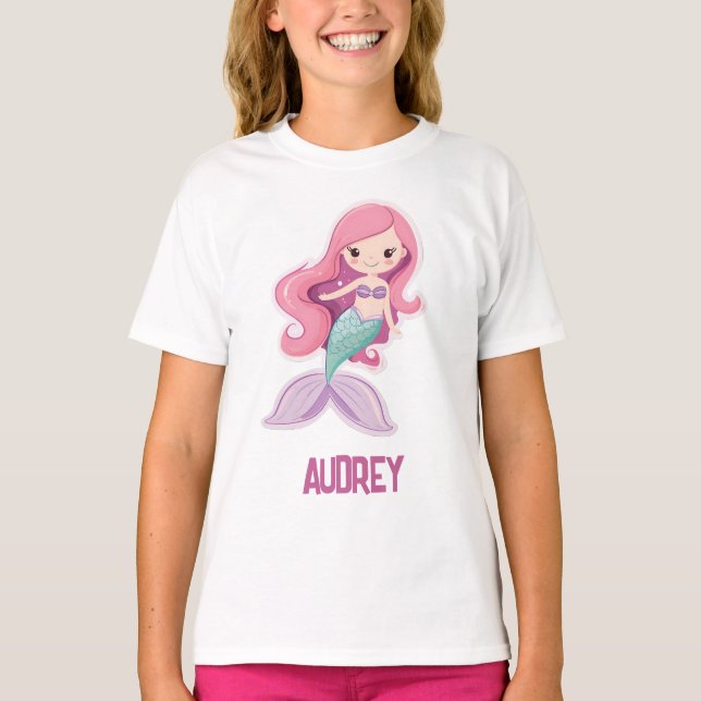 Charming Cute Pastel Mermaid with Kids Name T-Shirt (Front)