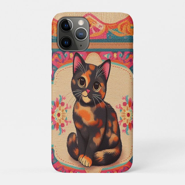 Charming Cute Tortoiseshell Cat Vibrant Border Case-Mate iPhone Case (Back)
