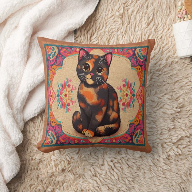 Charming Cute Tortoiseshell Cat Vibrant Border Cushion (Blanket)
