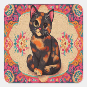 Charming Cute Tortoiseshell Cat Vibrant Border Square Sticker