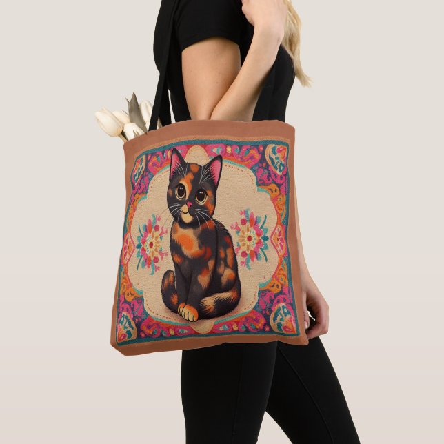 Charming Cute Tortoiseshell Cat Vibrant Border Tote Bag (Close Up)