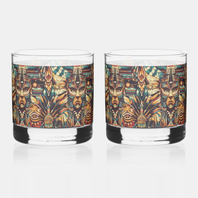 Charming Cyan "Mesoamerican Motif" Art Glass Tumbl (Front)