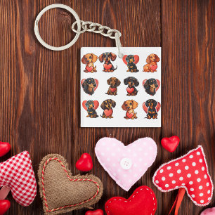 Charming Dachshund with Red Heart Watercolor  Key Ring