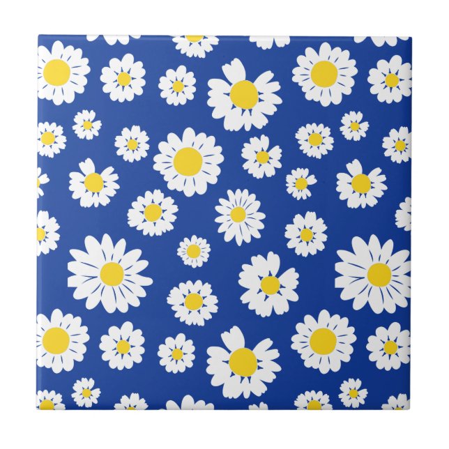 Charming Daisy Floral Design Blue Background Tile (Front)