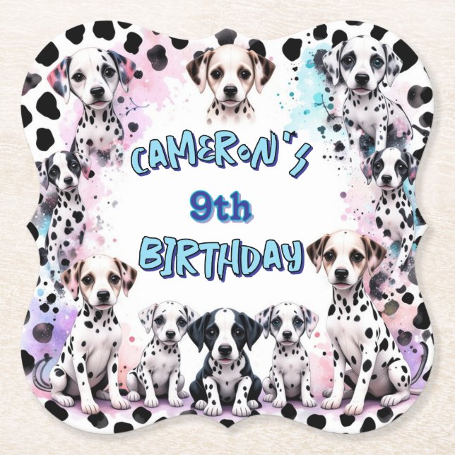 Charming Dalmatian Puppy Watercolor Birthday Party Paper Coaster (Front)