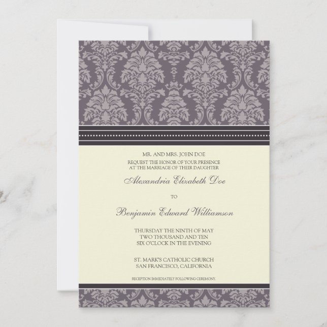 Charming Damask 5x7 Wedding Invitation: plum Invitation (Front)