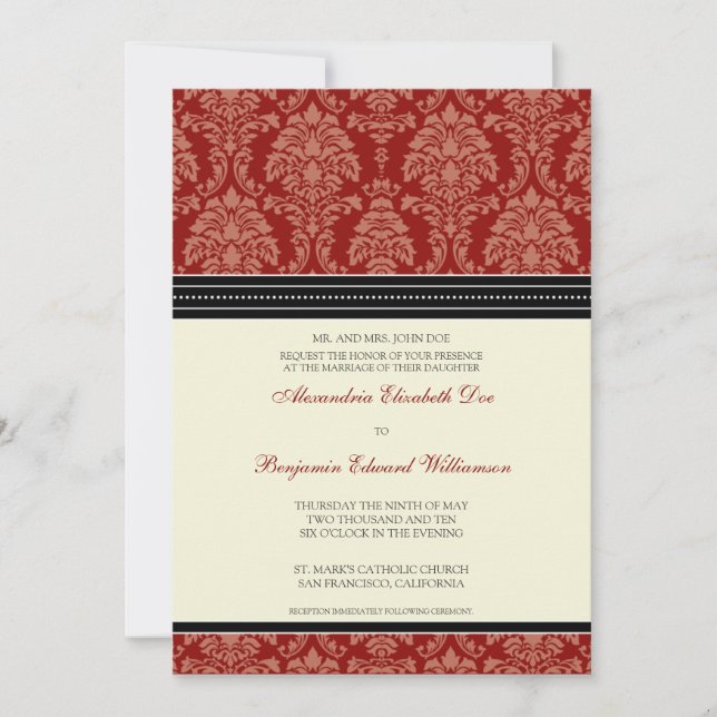 Charming Damask 5x7 Wedding Invitation: red Invitation (Front)