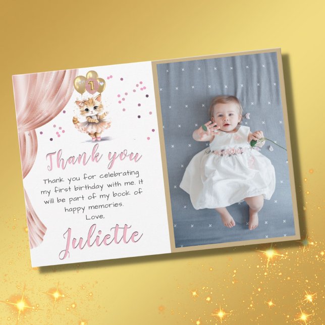 Charming Dancing Cat Photo First Birthday Girl Thank You Card (Creator Uploaded)