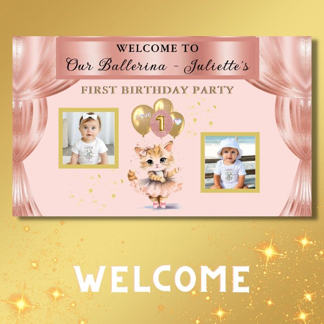 Charming Dancing Kitten Photo First Birthday Girl Banner (Creator Uploaded)