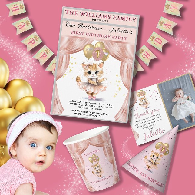 Charming Dancing Kitten Photo First Birthday Girl Banner (Creator Uploaded)