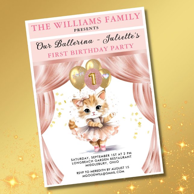 Charming Dancing Kitten Photo First Birthday Girl Invitation (Creator Uploaded)