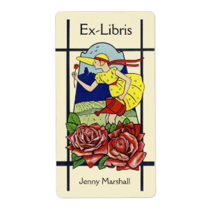 Charming deco girl, roses, garden bookplate label