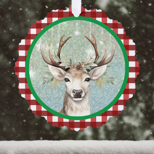 Charming Deer on Red White Plaid Company Christmas Tree Decoration Card