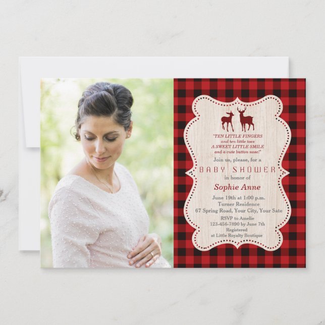 Charming Deer Red Buffalo Plaid Photo Baby Shower Invitation (Front)