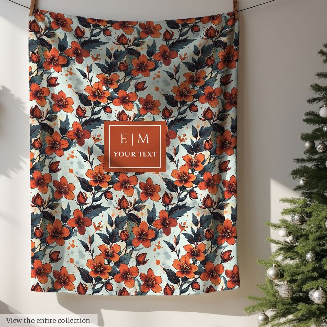 Charming dill green and deep orange floral fleece blanket (Charming dill green and deep orange floral fleece)