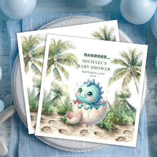 Charming Dino Baby Shower Hatching Soon Name Napkin