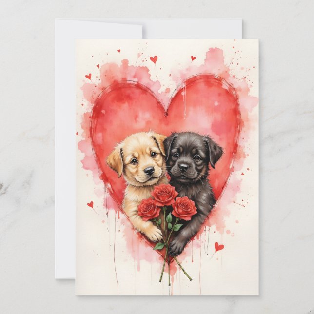 Charming Dogs Valentine Hearts and Red Roses Card (Front)