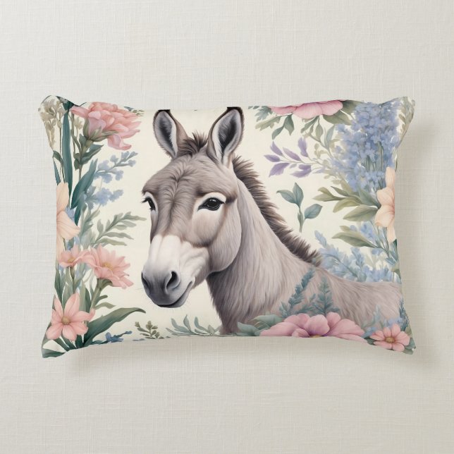 Charming Donkey Pastel Flowers Farm Animal Decorative Cushion (Front)