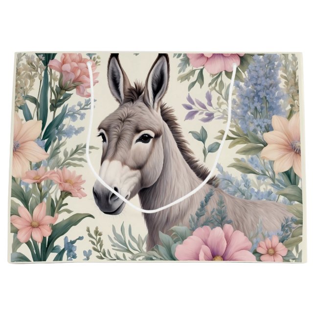 Charming Donkey Pastel Flowers Farm Animal Large Gift Bag (Front)