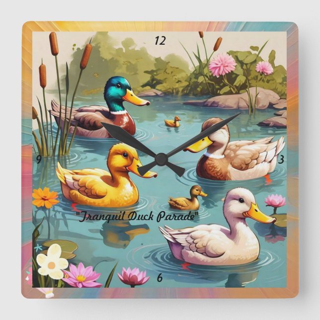 "Charming Ducks on Pond" Square Wall Clock (Front)