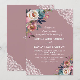 Charming Dusty Blue Dusty Rose Floral Wedding Invitation