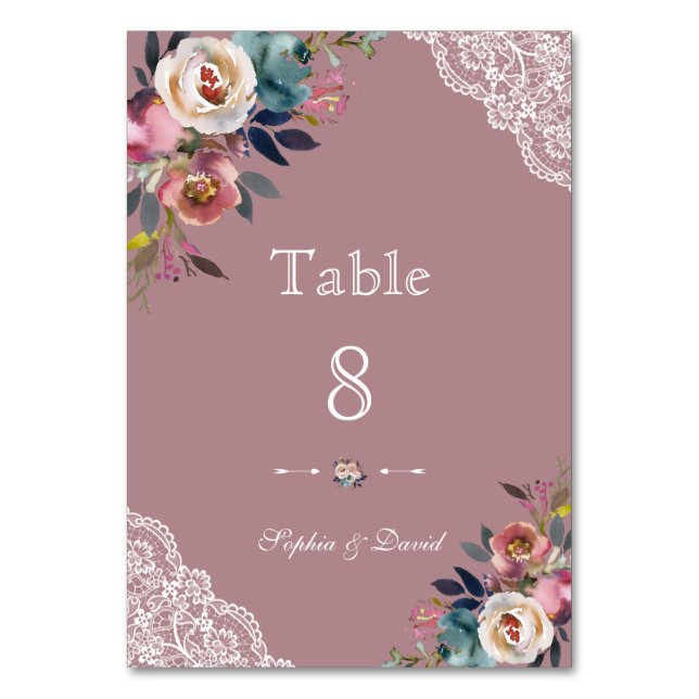 Charming Dusty Blue Dusty Rose Floral Wedding  Table Number (Back)